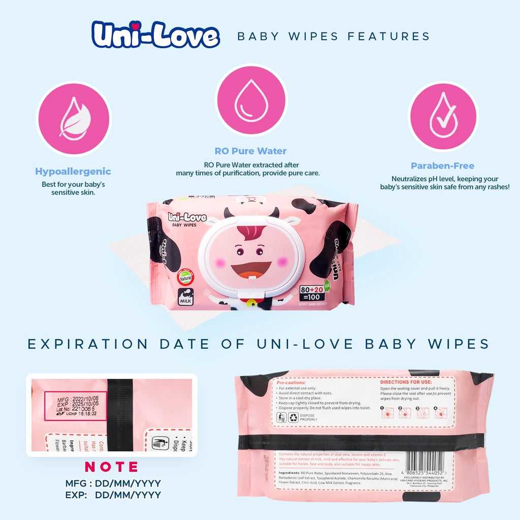 UniLove Milk Scent Baby Wipes 100's Pack of 1