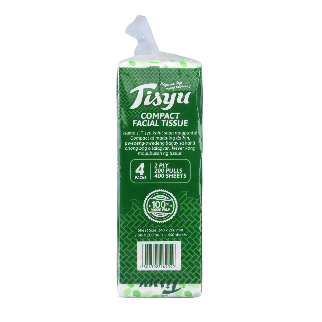 Tisyu Compact Facial Tissue 200-Pulls 2-ply (Pack of 4) 400 Sheets