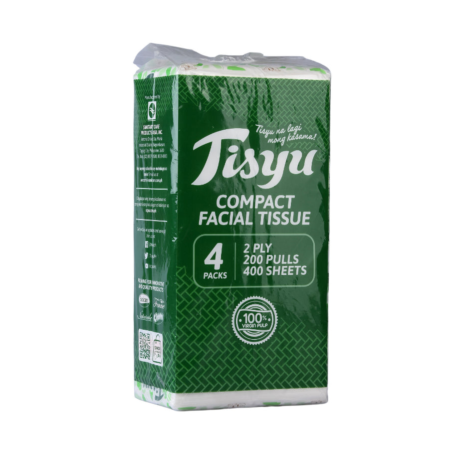 Tisyu Compact Facial Tissue 200-Pulls 2-ply (Pack of 4) 400 Sheets